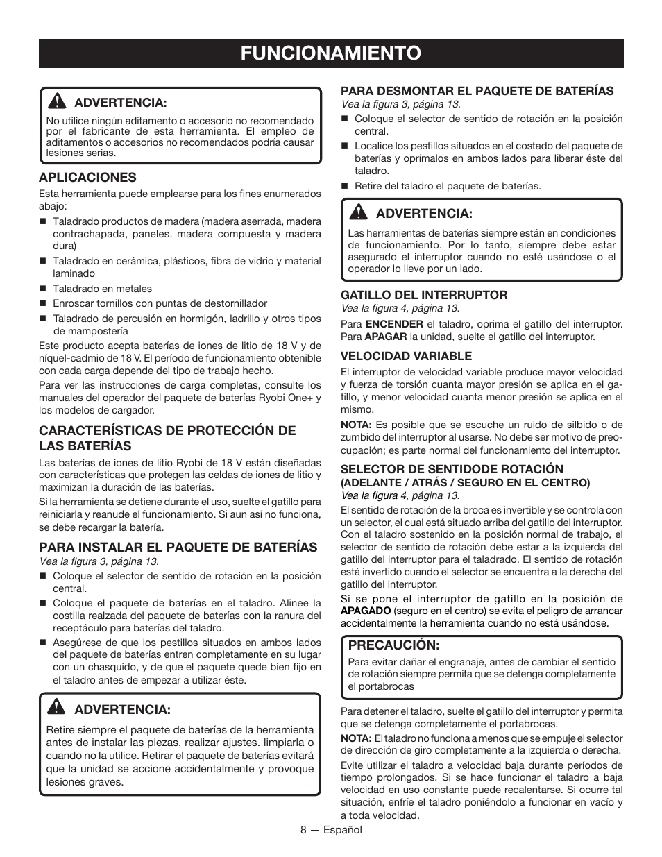 Funcionamiento | Ryobi P212B User Manual | Page 30 / 40