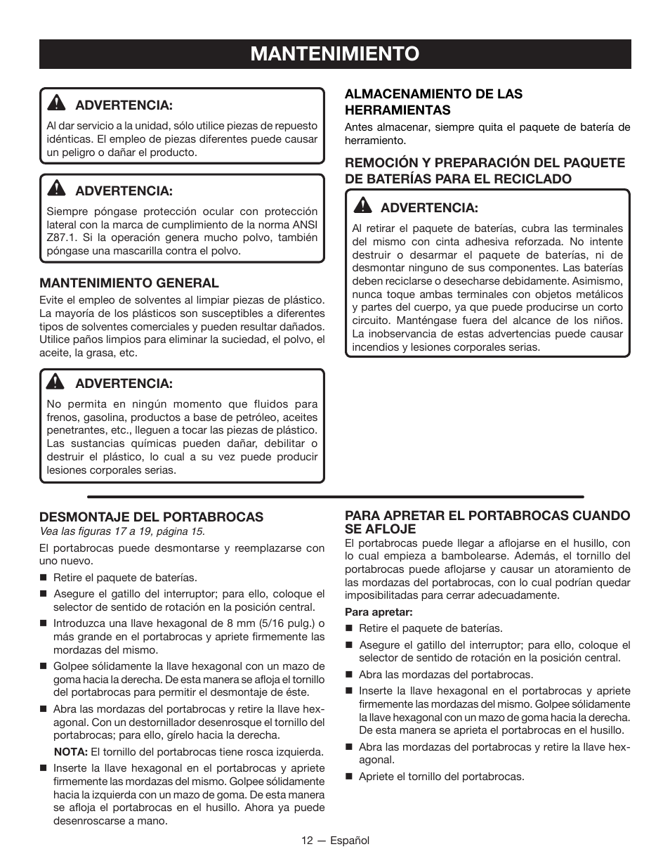 Mantenimiento | Ryobi P212B User Manual | Page 34 / 40