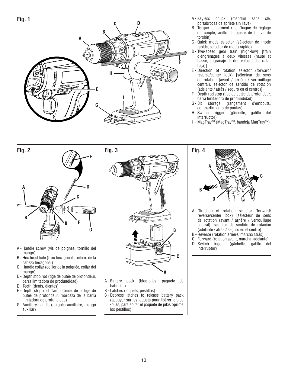 Fig. 1, Fig. 2, Fig. 3 | Fig. 4 | Ryobi P212B User Manual | Page 35 / 40