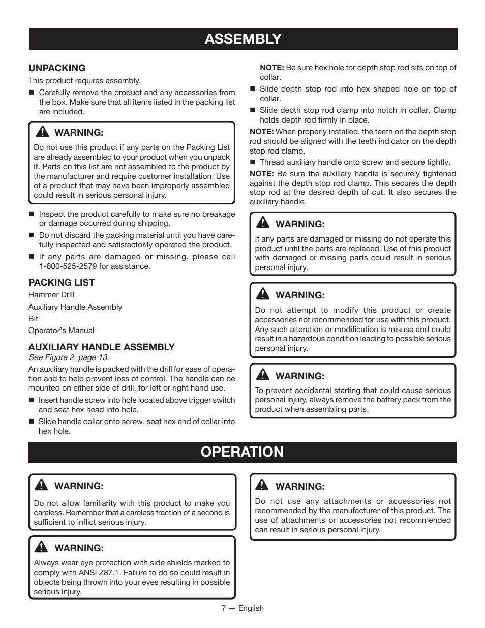 Assembly, Operation | Ryobi P212B User Manual | Page 7 / 40