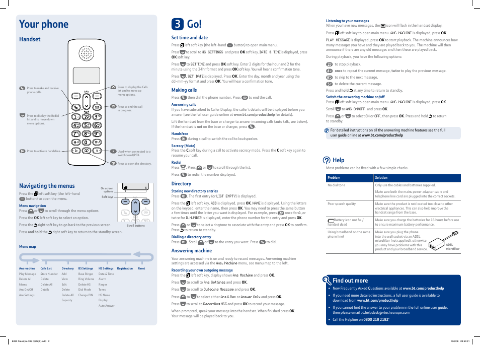 3 go, Your phone, Find out more | Handset navigating the menus, Help | BT Freestyle 335 User Manual | Page 2 / 2