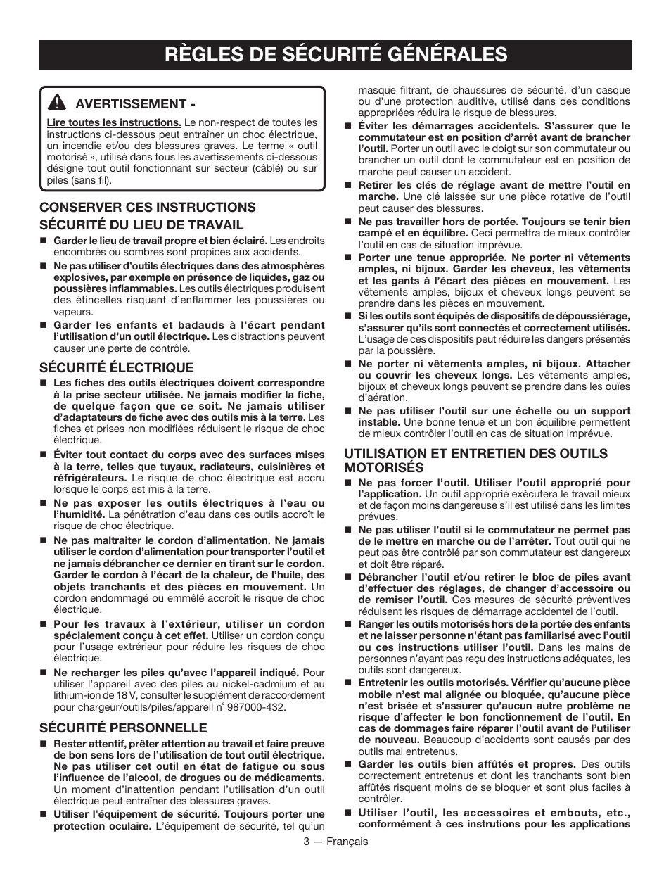 Règles de sécurité générales, Avertissement, Sécurité électrique | Sécurité personnelle, Utilisation et entretien des outils motorisés | Ryobi P212G User Manual | Page 14 / 40