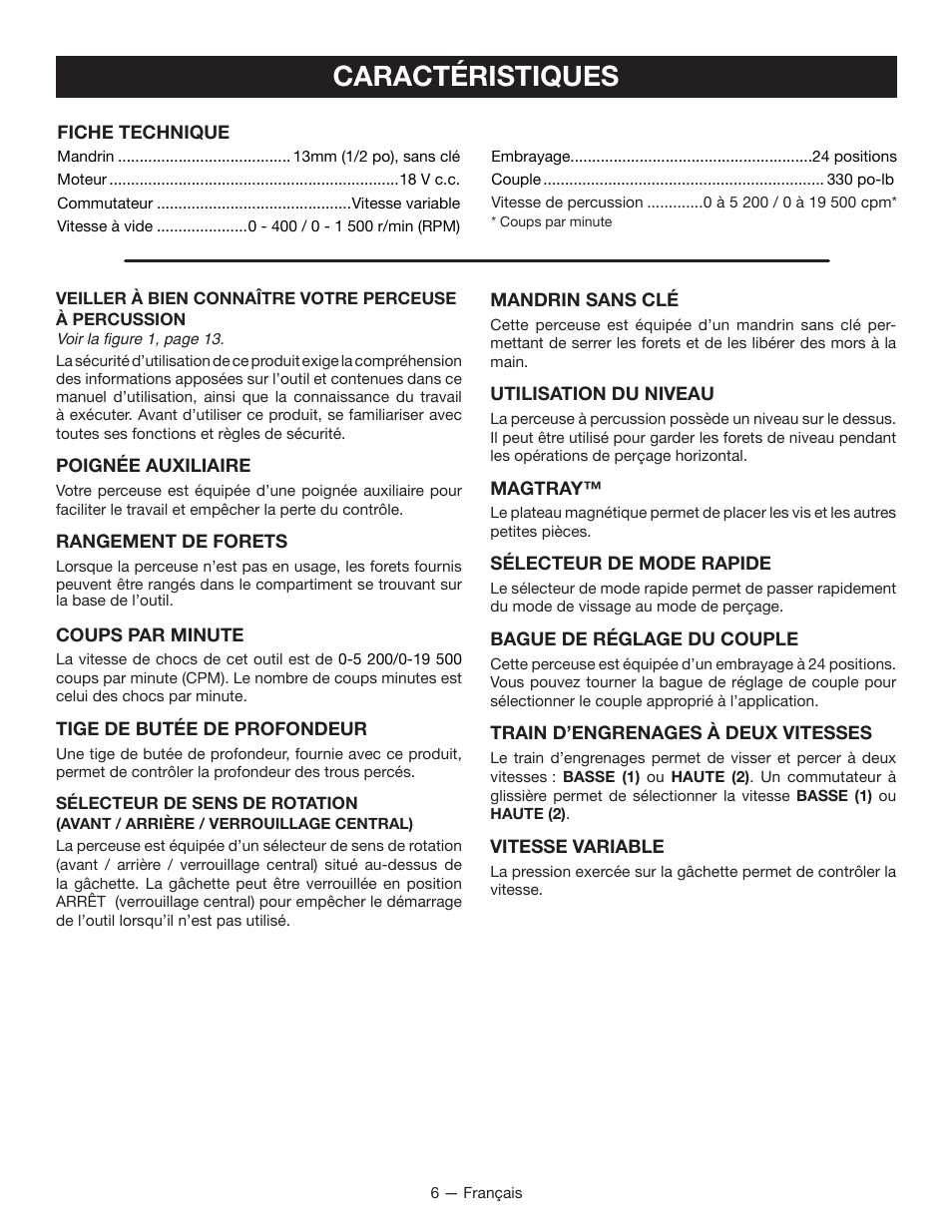 Caractéristiques | Ryobi P212G User Manual | Page 17 / 40