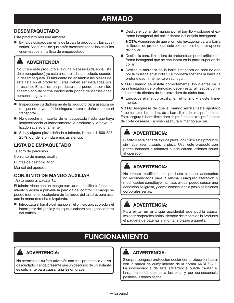 Armado, Funcionamiento | Ryobi P212G User Manual | Page 29 / 40