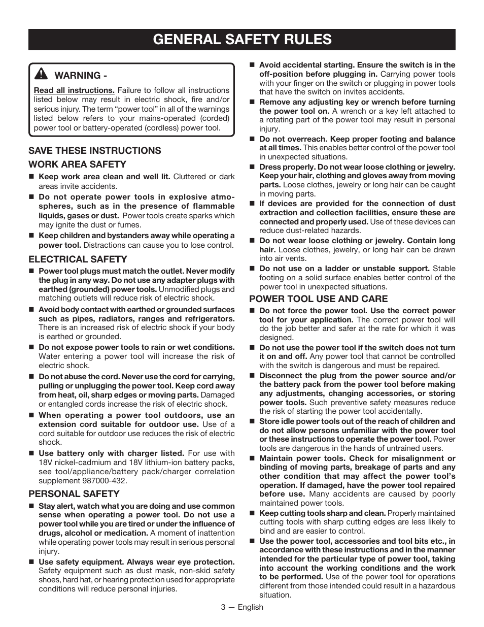 General safety rules | Ryobi P212G User Manual | Page 3 / 40