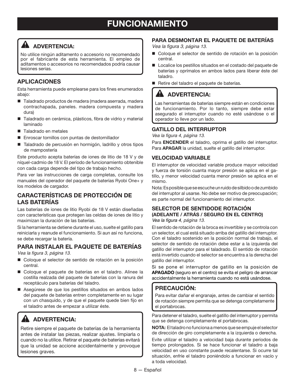 Funcionamiento | Ryobi P212G User Manual | Page 30 / 40