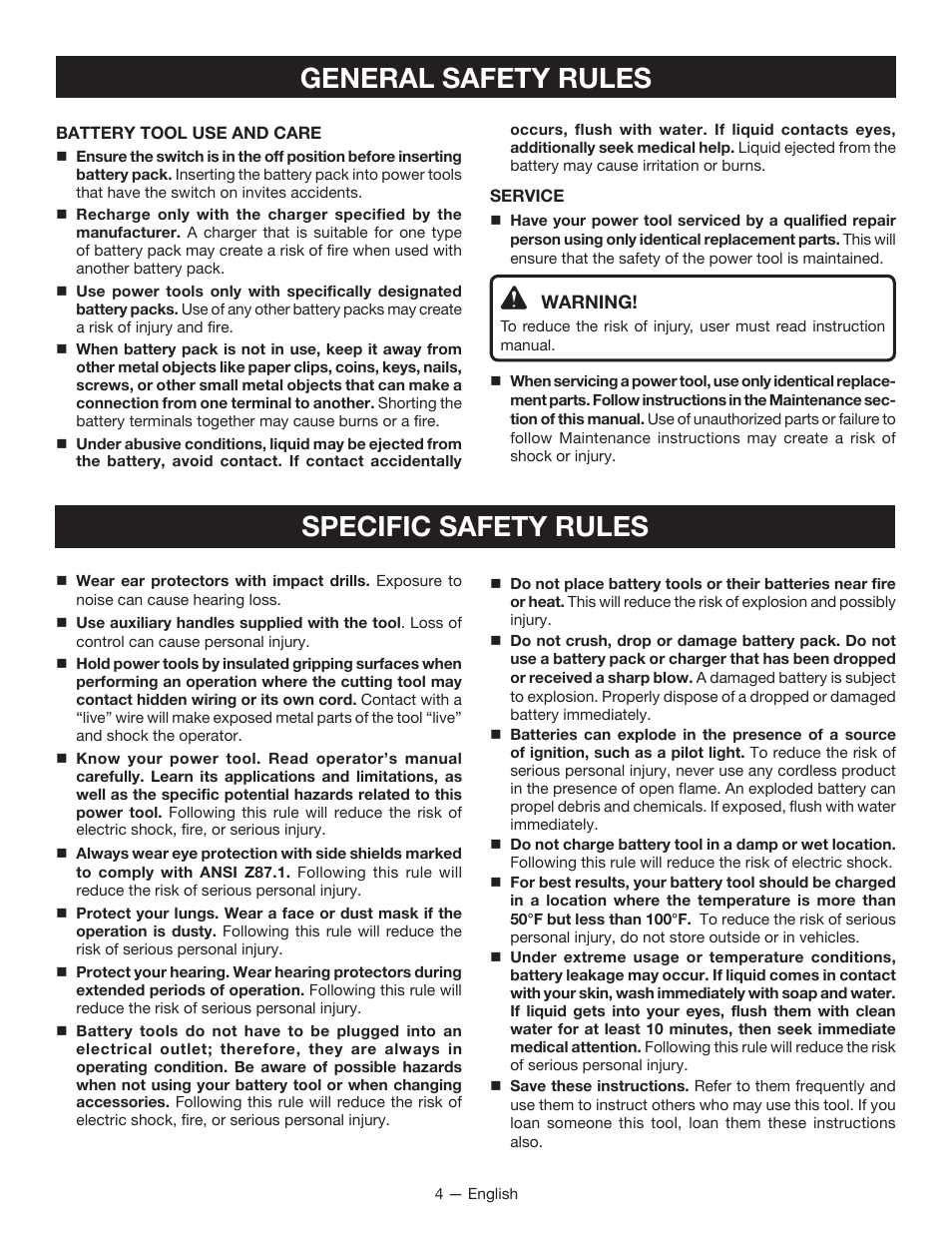 General safety rules specific safety rules | Ryobi P212G User Manual | Page 4 / 40