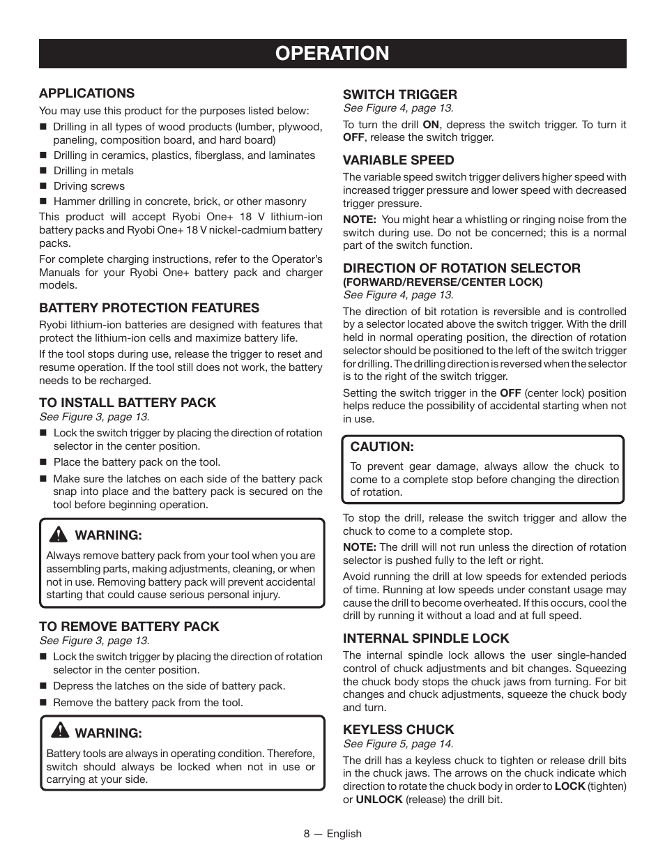 Operation | Ryobi P212G User Manual | Page 8 / 40