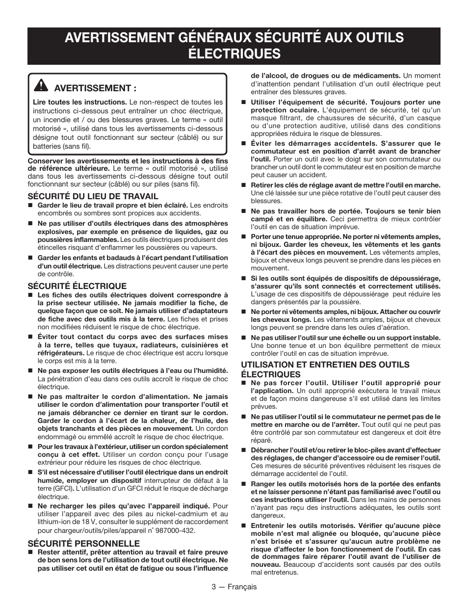 Avertissement | Ryobi P221 User Manual | Page 13 / 36