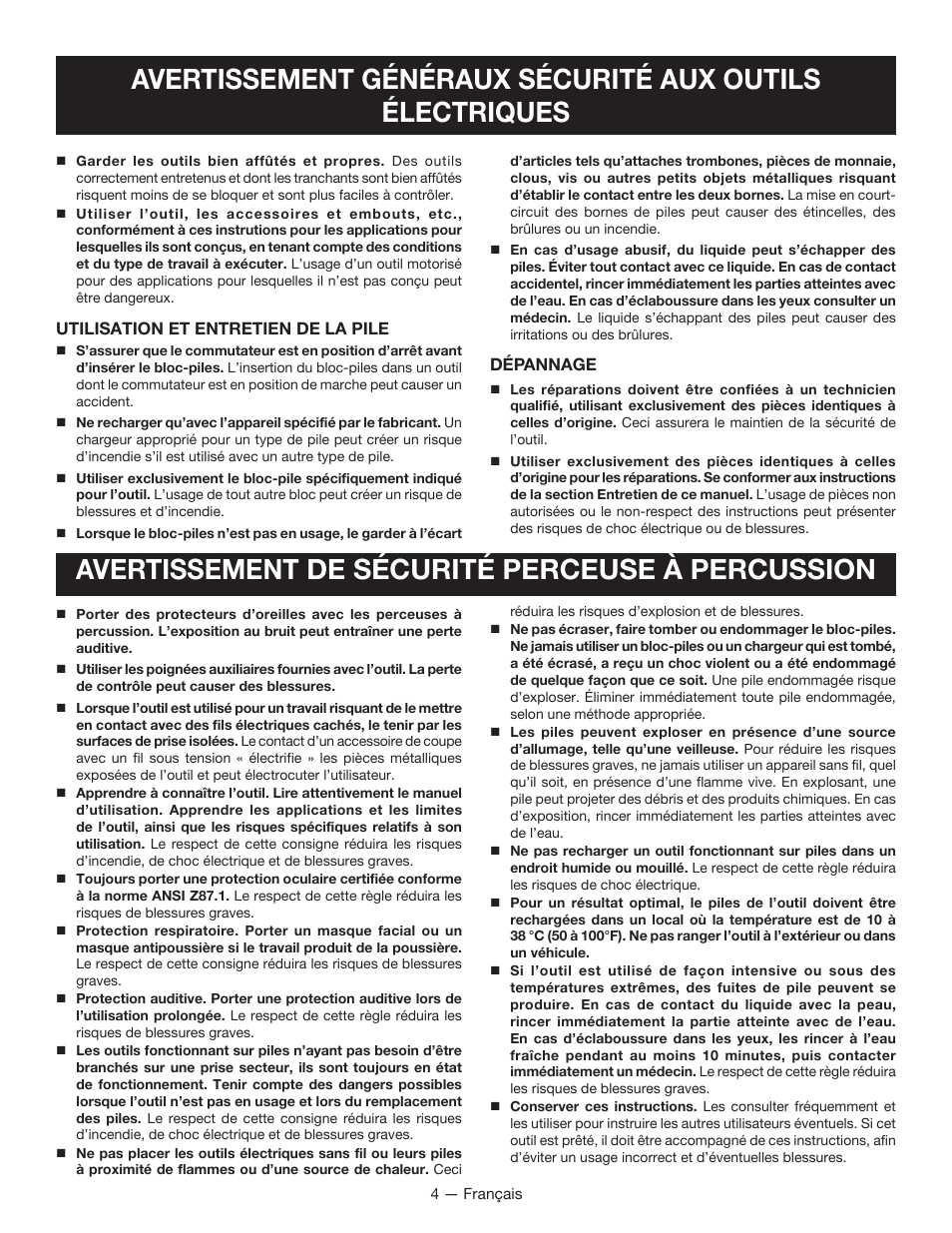 Avertissement de sécurité perceuse à percussion | Ryobi P221 User Manual | Page 14 / 36