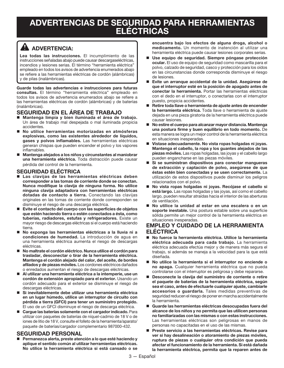 Advertencia, Seguridad en el área de trabajo, Seguridad personal | Empleo y cuidado de la herramienta eléctrica | Ryobi P221 User Manual | Page 23 / 36