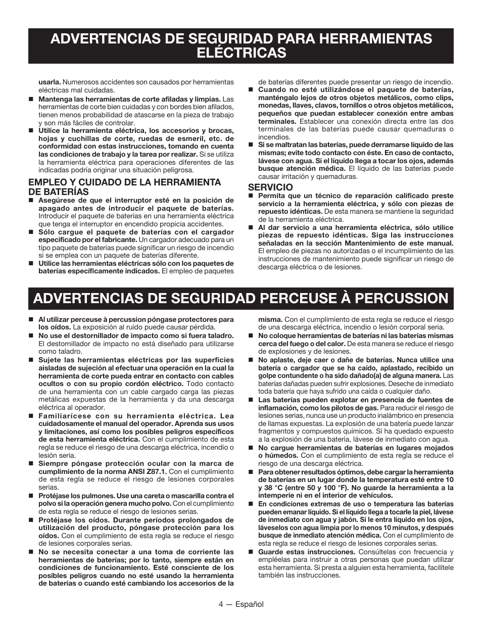 Empleo y cuidado de la herramienta de baterías, Servicio | Ryobi P221 User Manual | Page 24 / 36