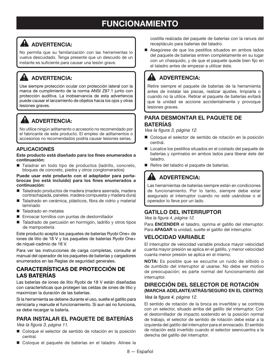 Funcionamiento | Ryobi P221 User Manual | Page 28 / 36