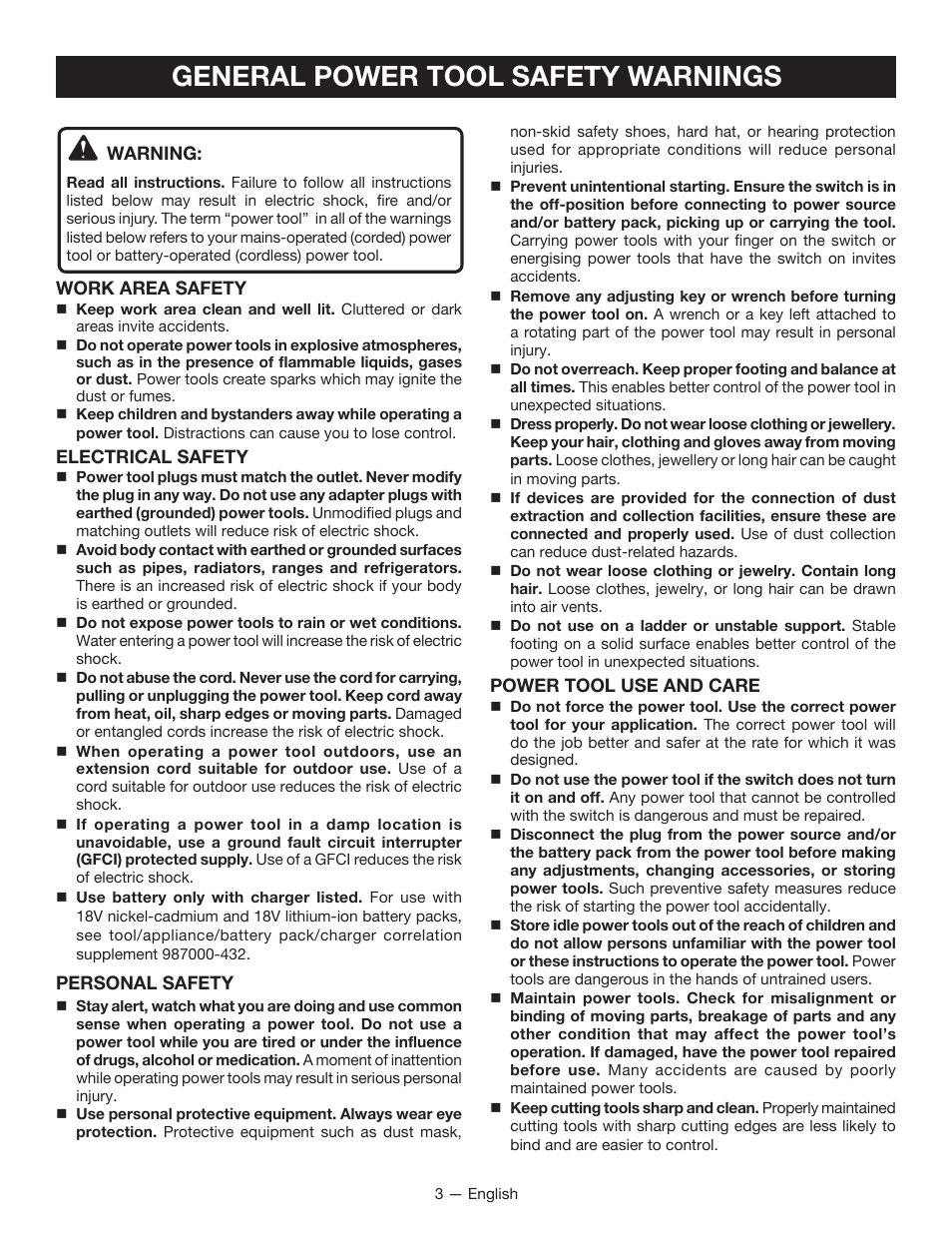 General power tool safety warnings | Ryobi P221 User Manual | Page 3 / 36