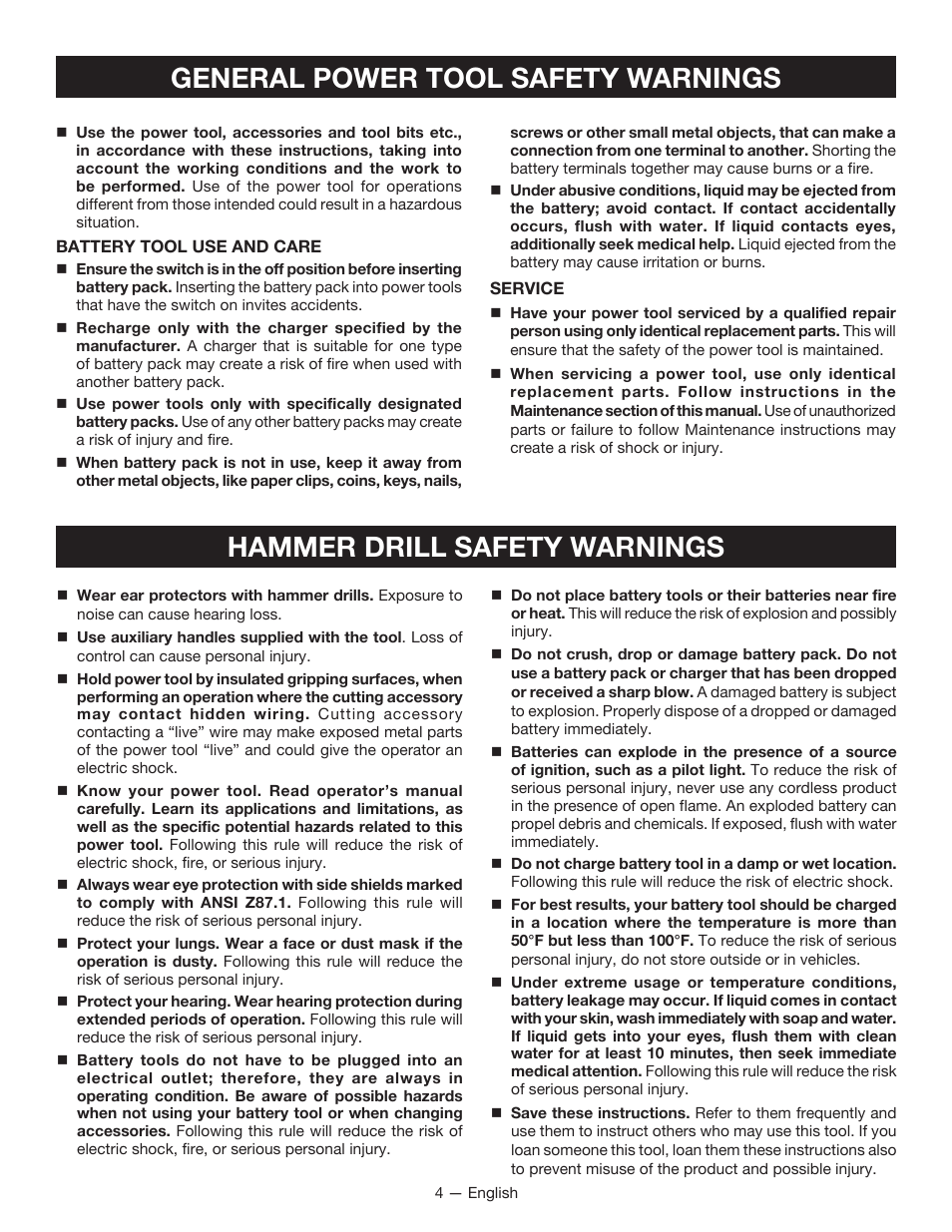 General power tool safety warnings, Hammer drill safety warnings | Ryobi P221 User Manual | Page 4 / 36