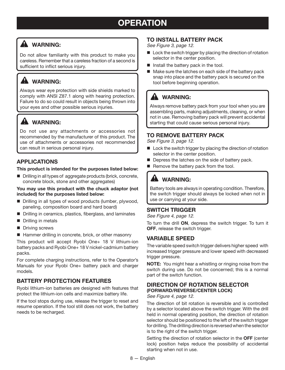 Operation | Ryobi P221 User Manual | Page 8 / 36