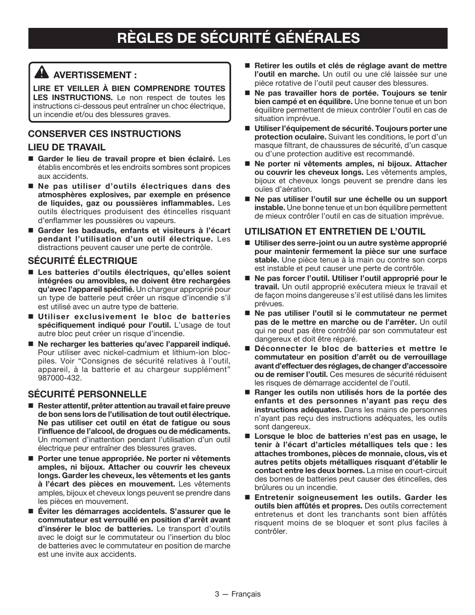 Règles de sécurité générales | Ryobi P230 User Manual | Page 11 / 28