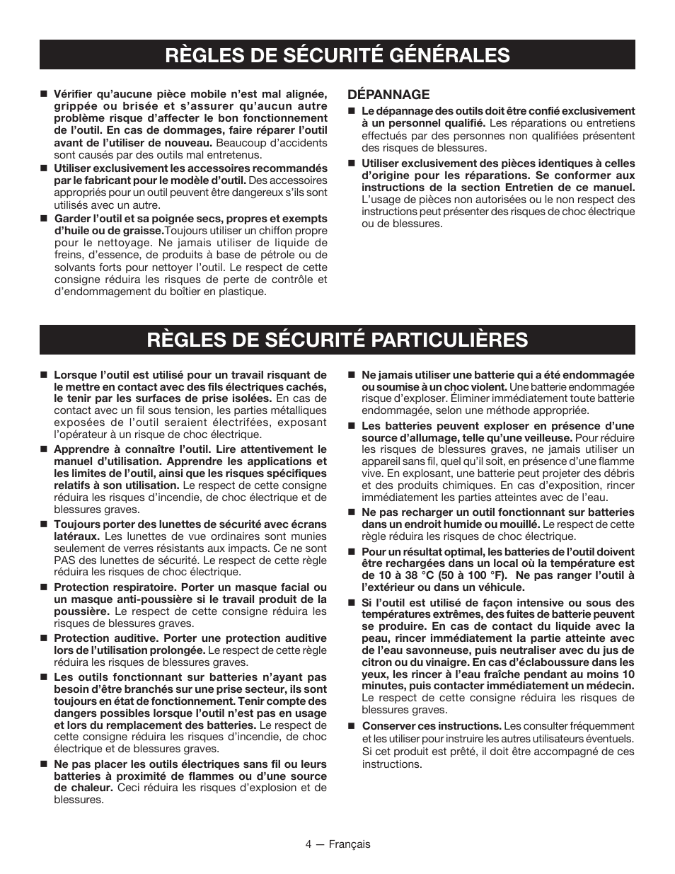 Règles de sécurité générales, Règles de sécurité particulières | Ryobi P230 User Manual | Page 12 / 28