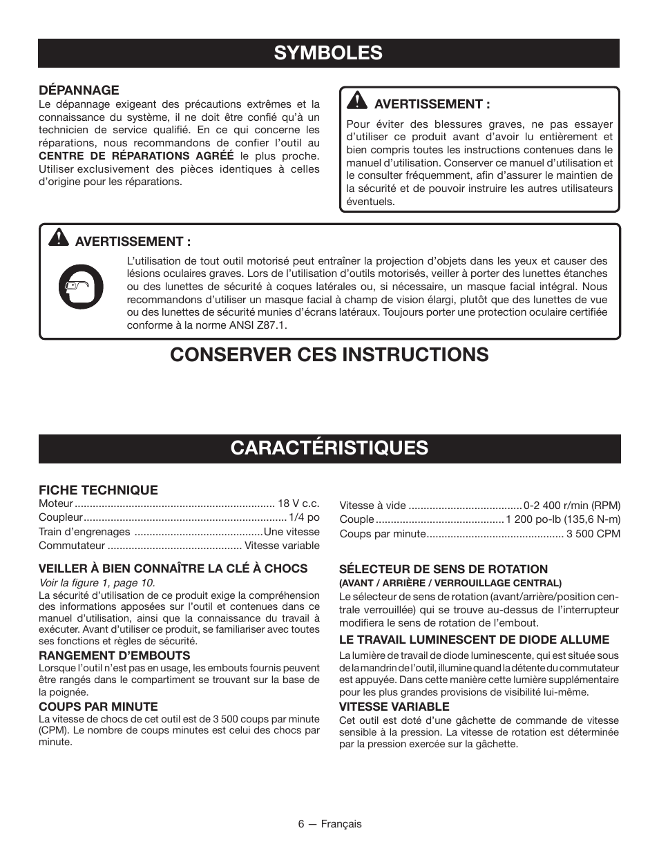 Symboles, Conserver ces instructions, Caractéristiques | Ryobi P230 User Manual | Page 14 / 28