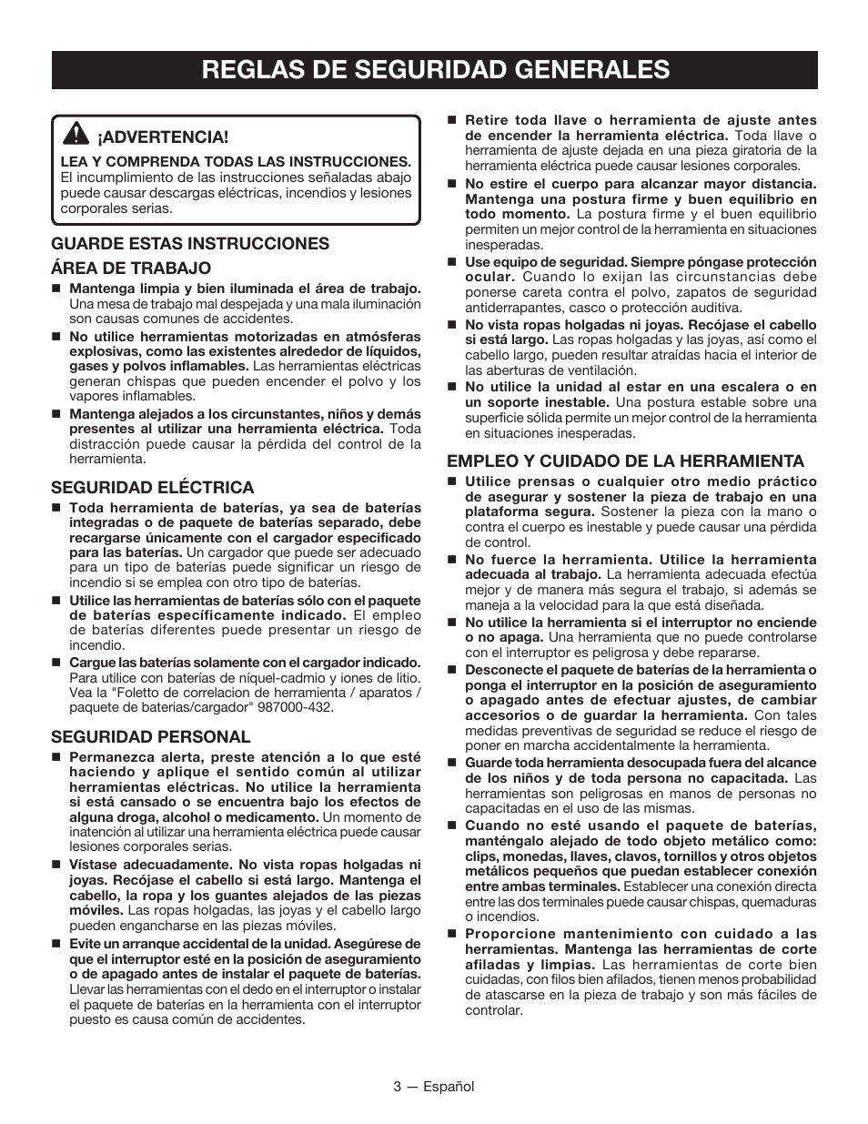 Reglas de seguridad generales | Ryobi P230 User Manual | Page 19 / 28