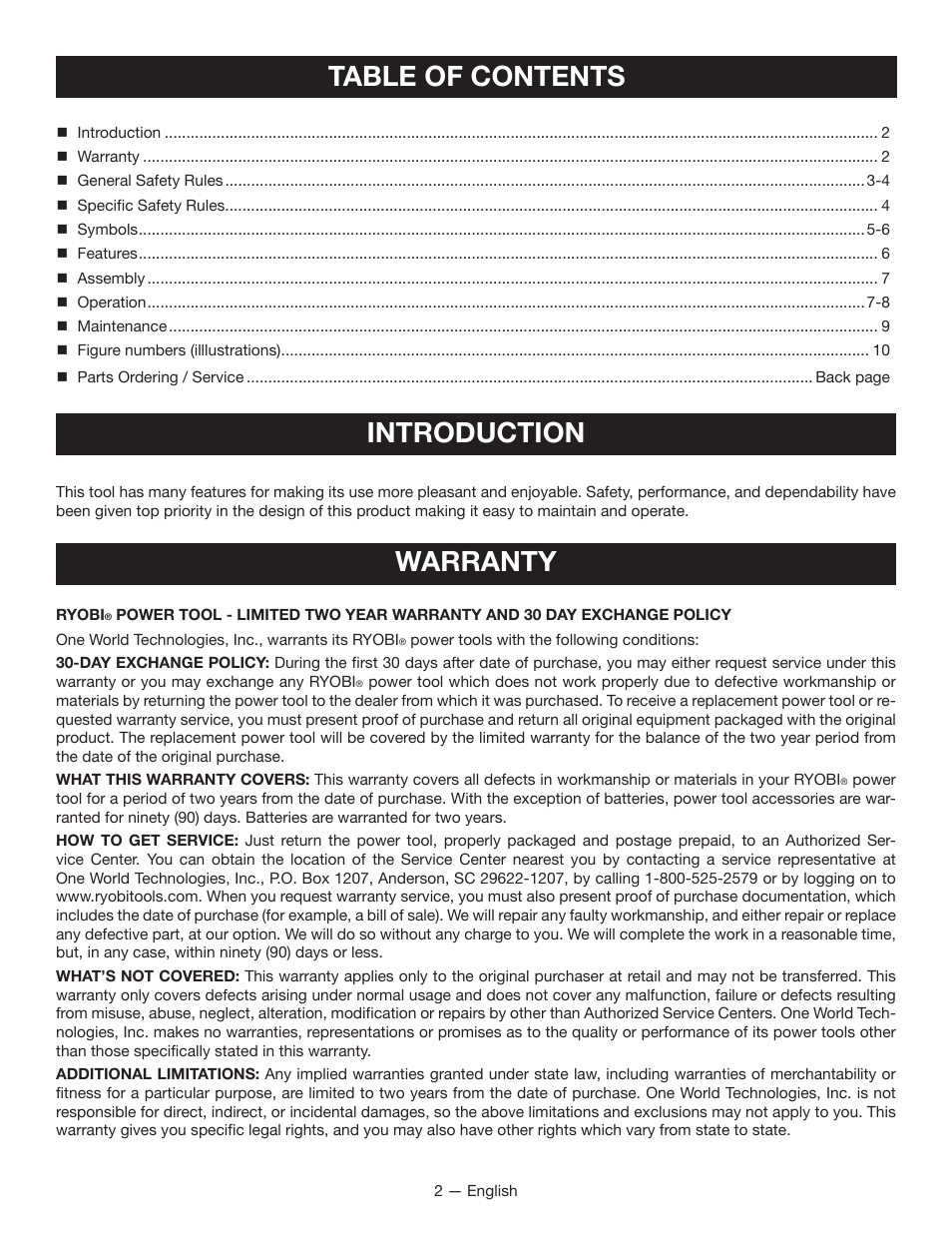 Table of contents introduction, Warranty | Ryobi P230 User Manual | Page 2 / 28