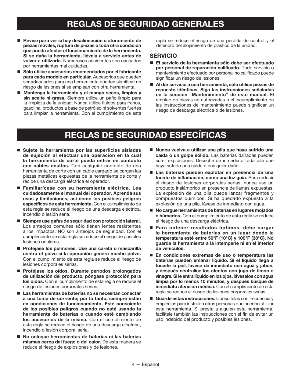 Reglas de seguridad generales, Reglas de seguridad específicas | Ryobi P230 User Manual | Page 20 / 28