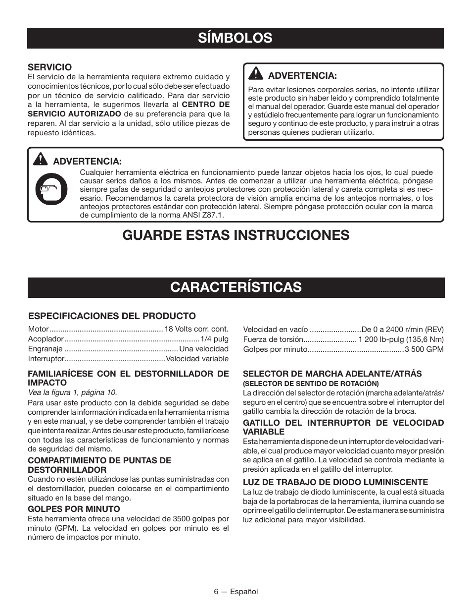 Símbolos, Guarde estas instrucciones, Características | Ryobi P230 User Manual | Page 22 / 28