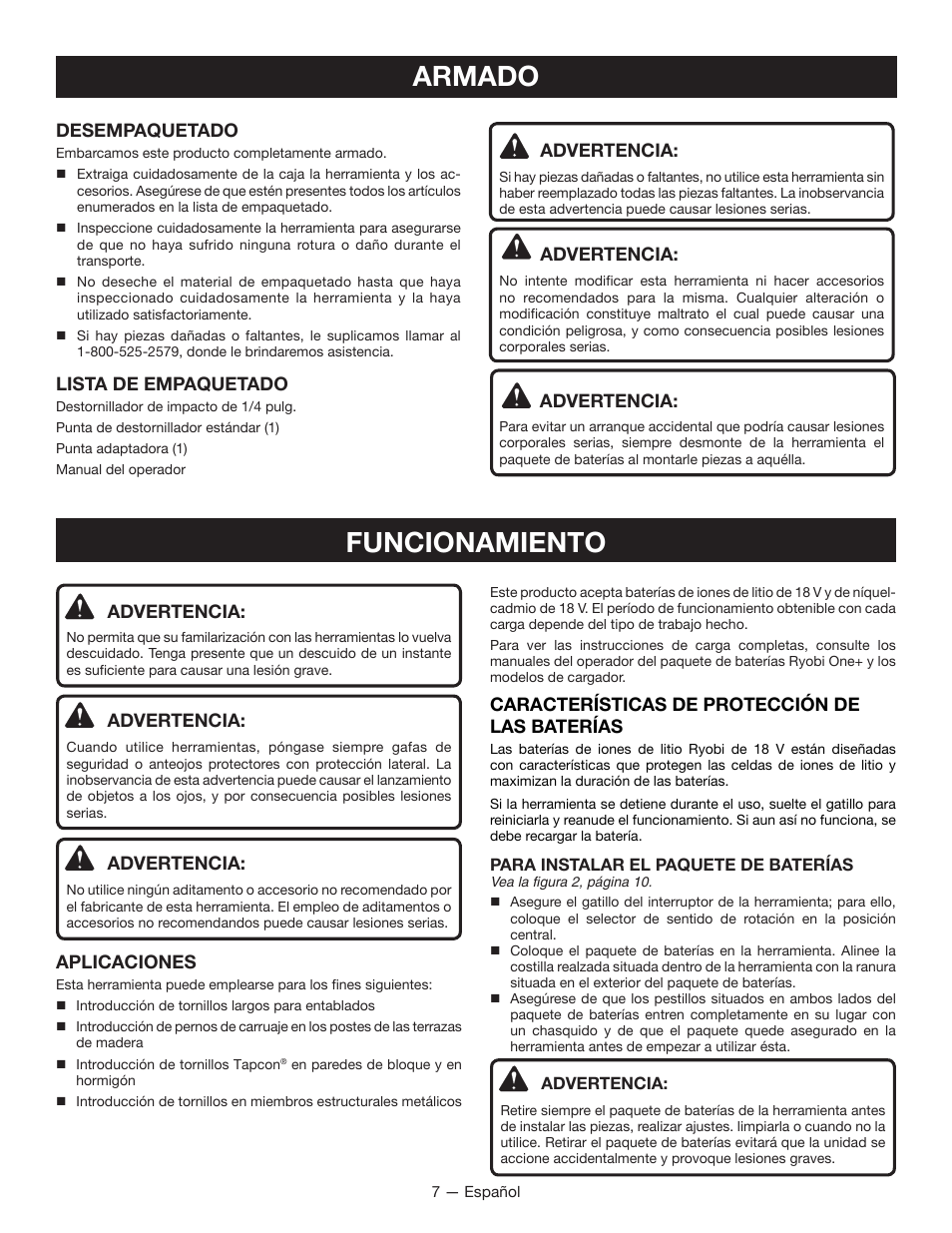 Armado, Funcionamiento | Ryobi P230 User Manual | Page 23 / 28