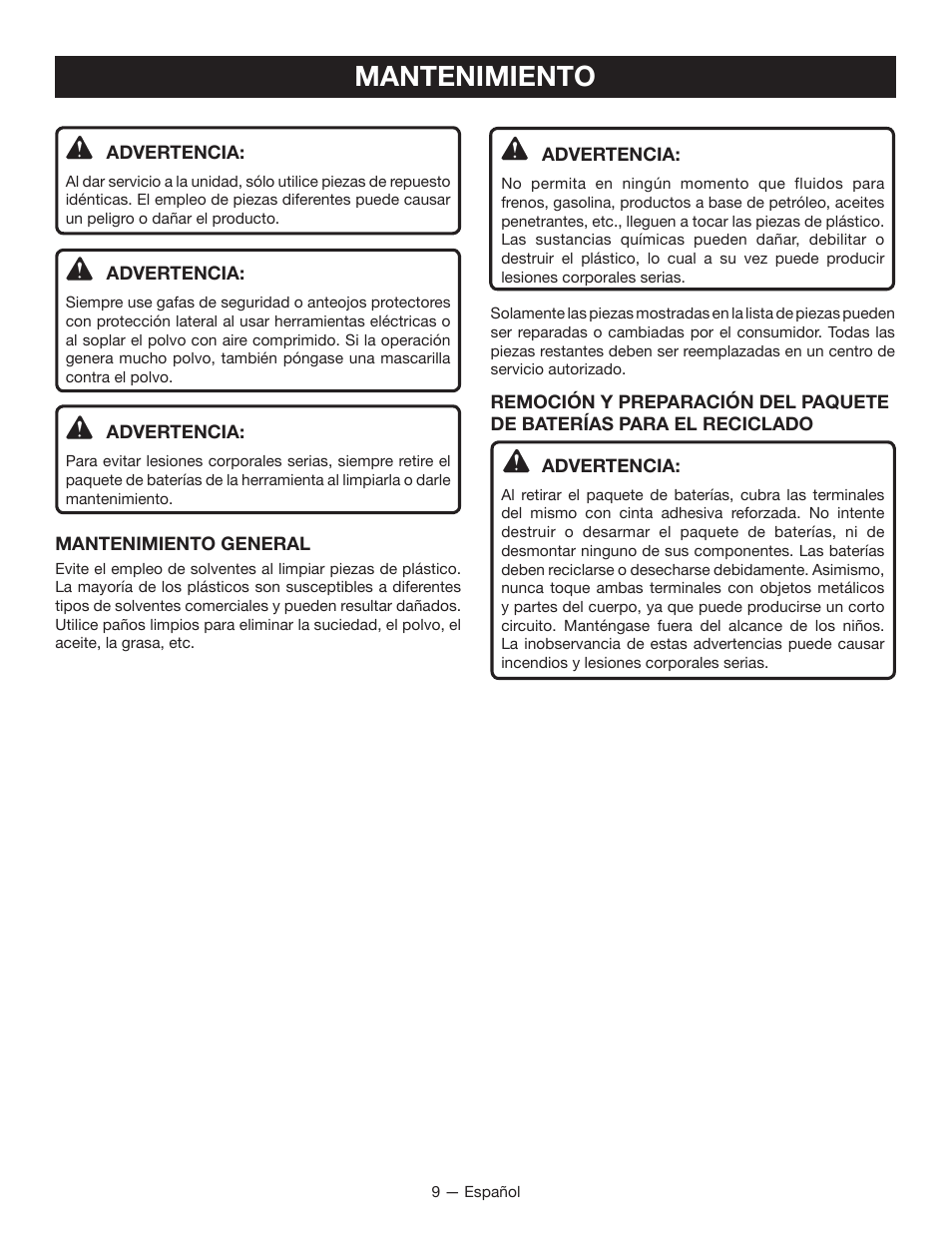 Mantenimiento | Ryobi P230 User Manual | Page 25 / 28