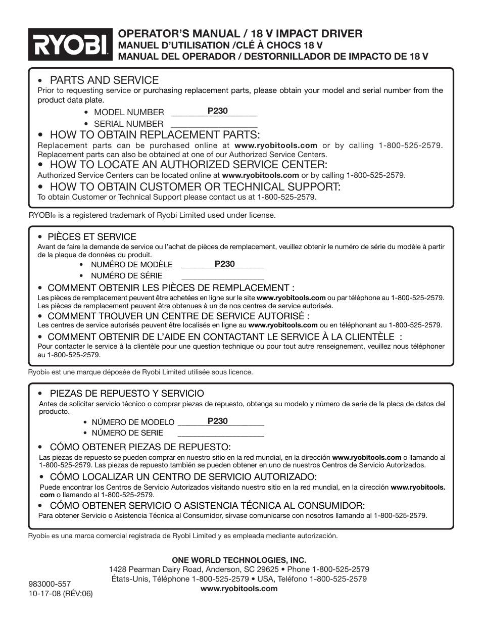 Parts and service, How to obtain replacement parts, How to locate an authorized service center | How to obtain customer or technical support, Operator’s manual / 18 v impact driver | Ryobi P230 User Manual | Page 28 / 28