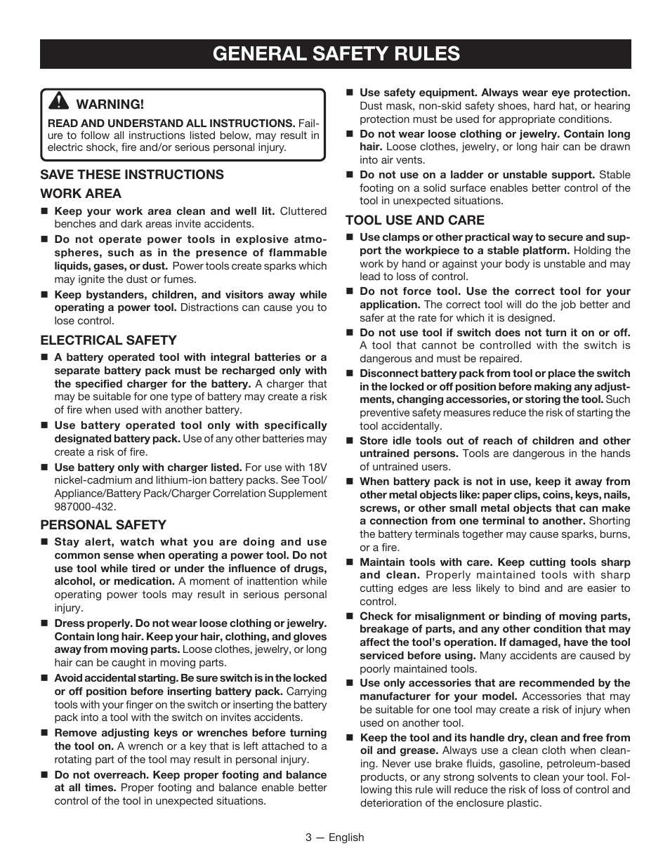 General safety rules | Ryobi P230 User Manual | Page 3 / 28