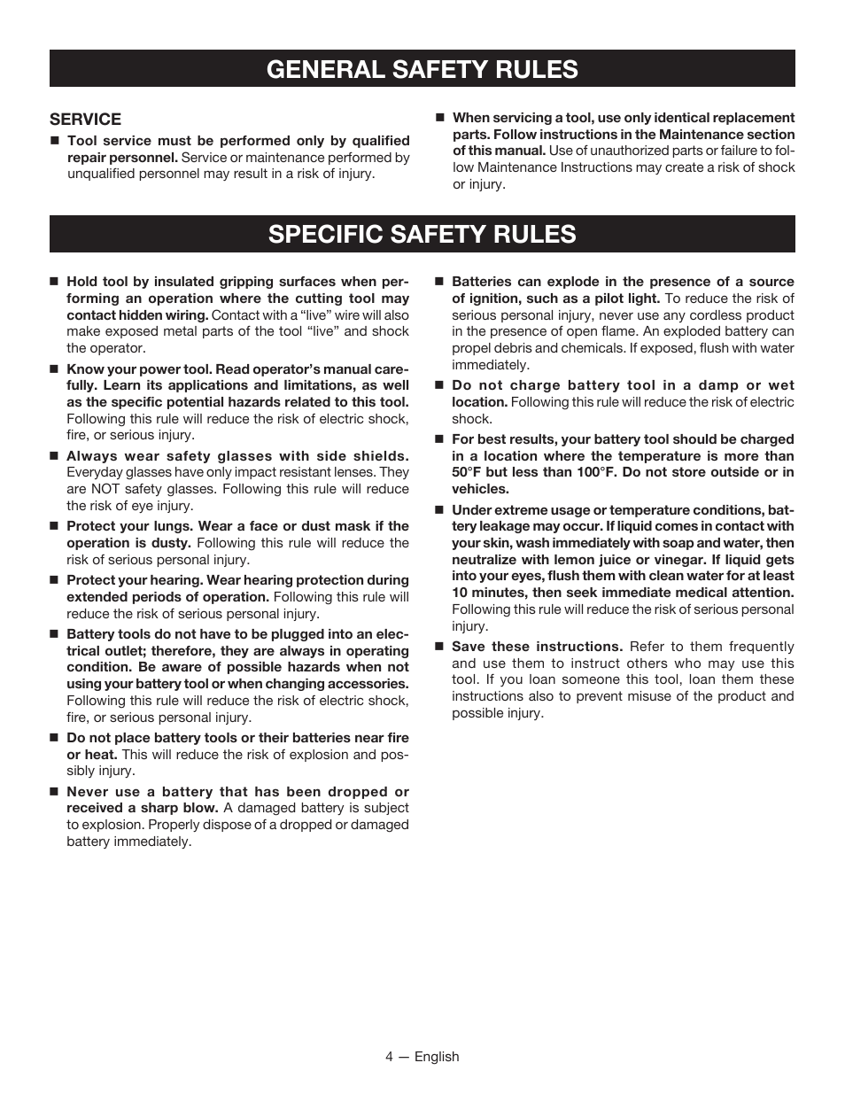 General safety rules, Specific safety rules | Ryobi P230 User Manual | Page 4 / 28