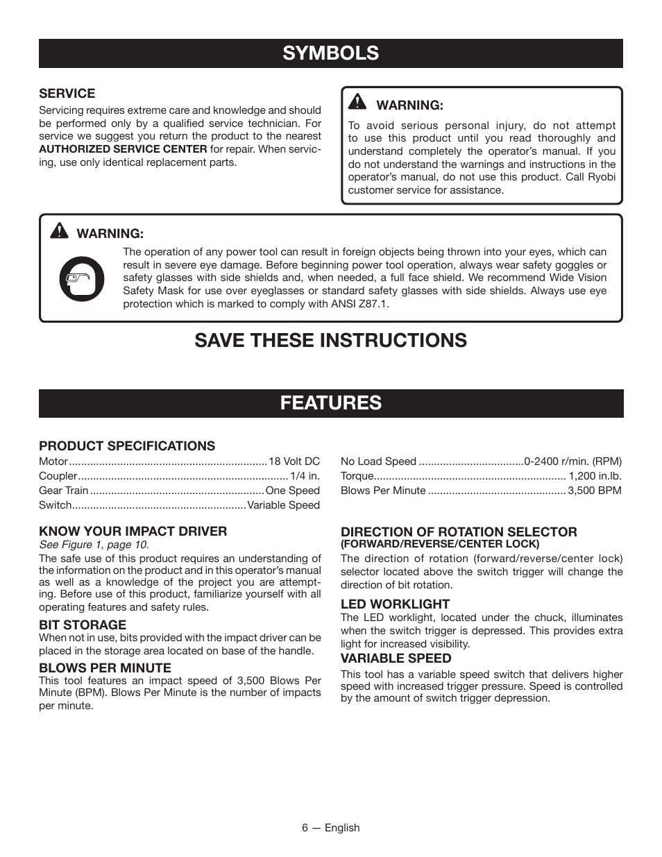 Symbols, Save these instructions, Features | Ryobi P230 User Manual | Page 6 / 28