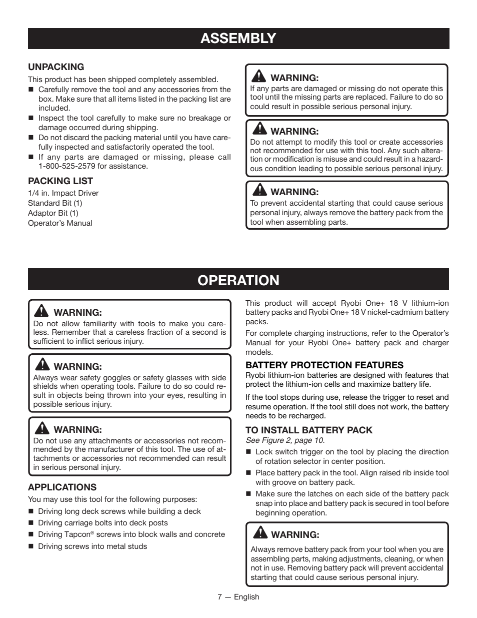 Assembly, Operation | Ryobi P230 User Manual | Page 7 / 28