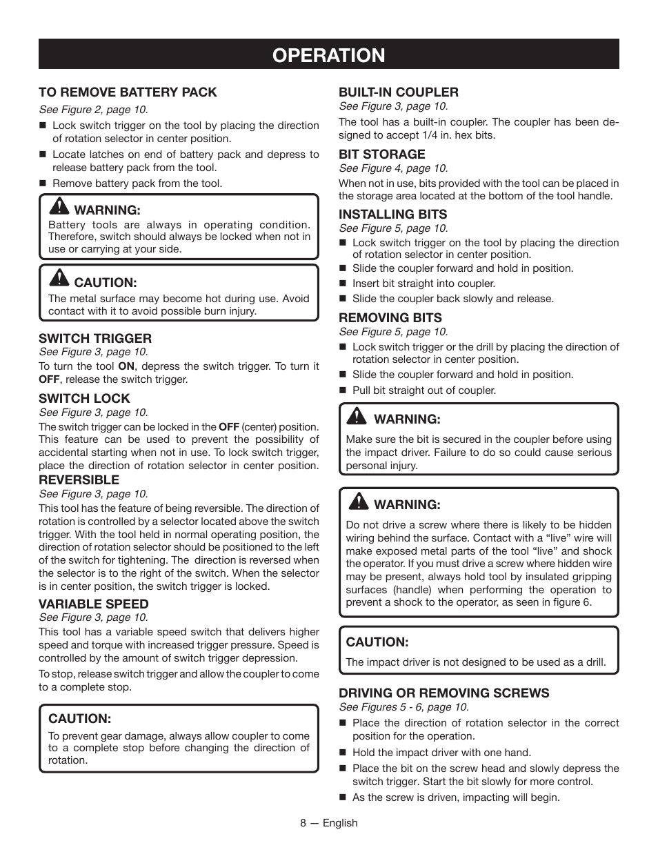 Operation | Ryobi P230 User Manual | Page 8 / 28