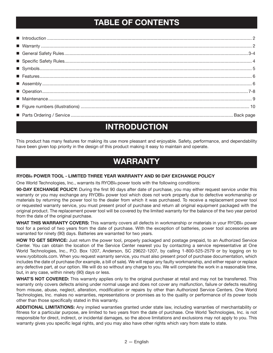 Table of contents introduction, Warranty | Ryobi P232 User Manual | Page 2 / 28