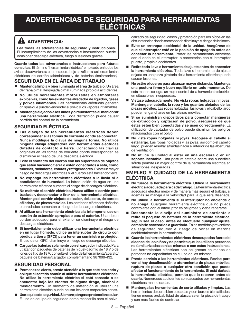 Advertencia, Seguridad en el área de trabajo, Seguridad personal | Empleo y cuidado de la herramienta eléctrica | Ryobi P232 User Manual | Page 20 / 28