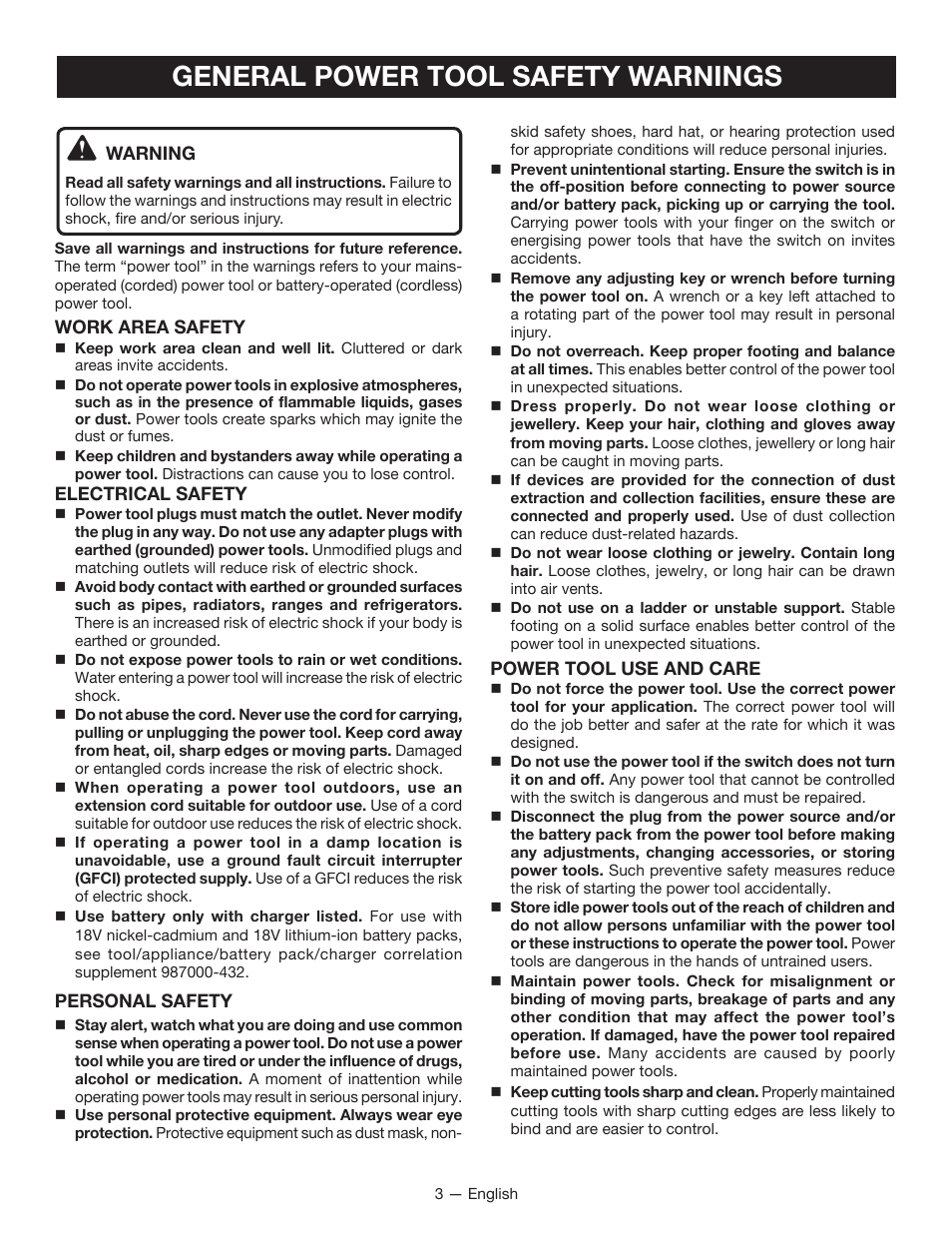 General power tool safety warnings | Ryobi P232 User Manual | Page 3 / 28