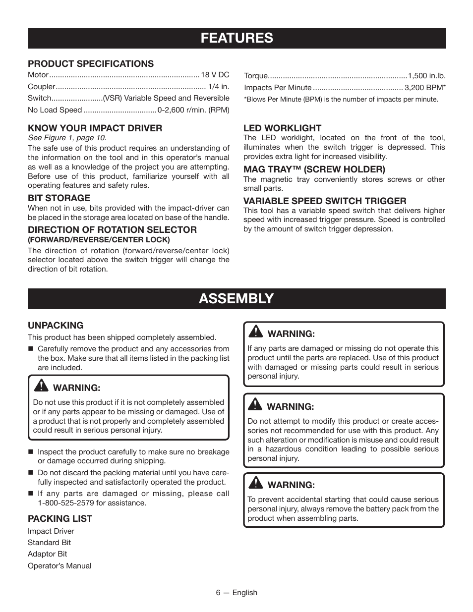 Features, Assembly | Ryobi P232 User Manual | Page 6 / 28