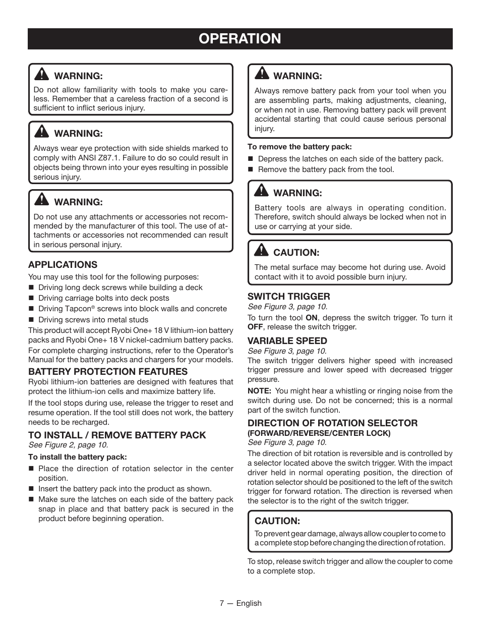 Operation | Ryobi P232 User Manual | Page 7 / 28