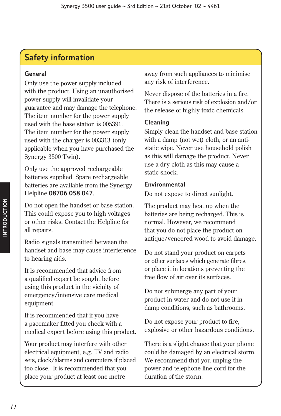 Safety information | BT Synergy 3500 User Manual | Page 14 / 70