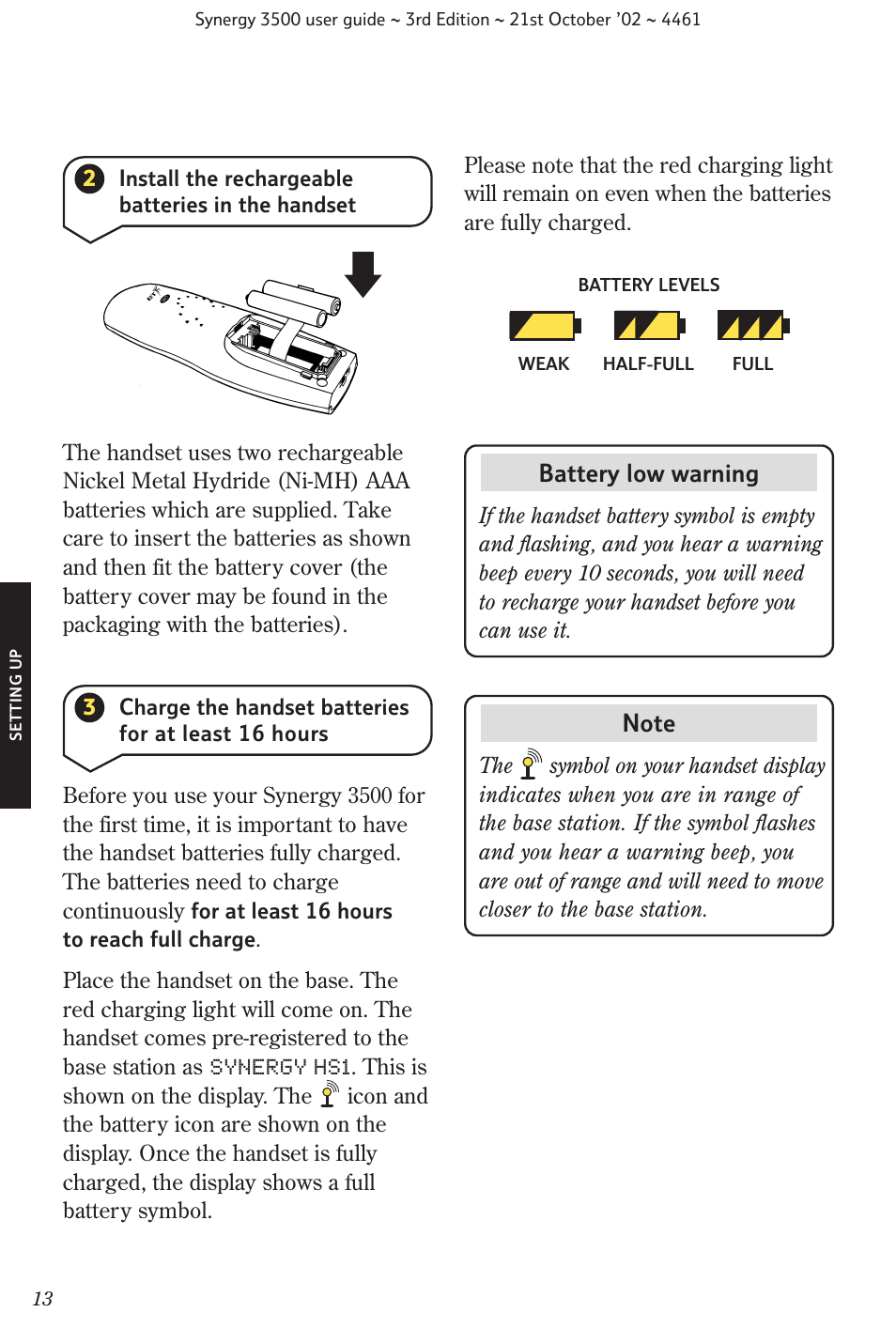 Battery low warning | BT Synergy 3500 User Manual | Page 16 / 70
