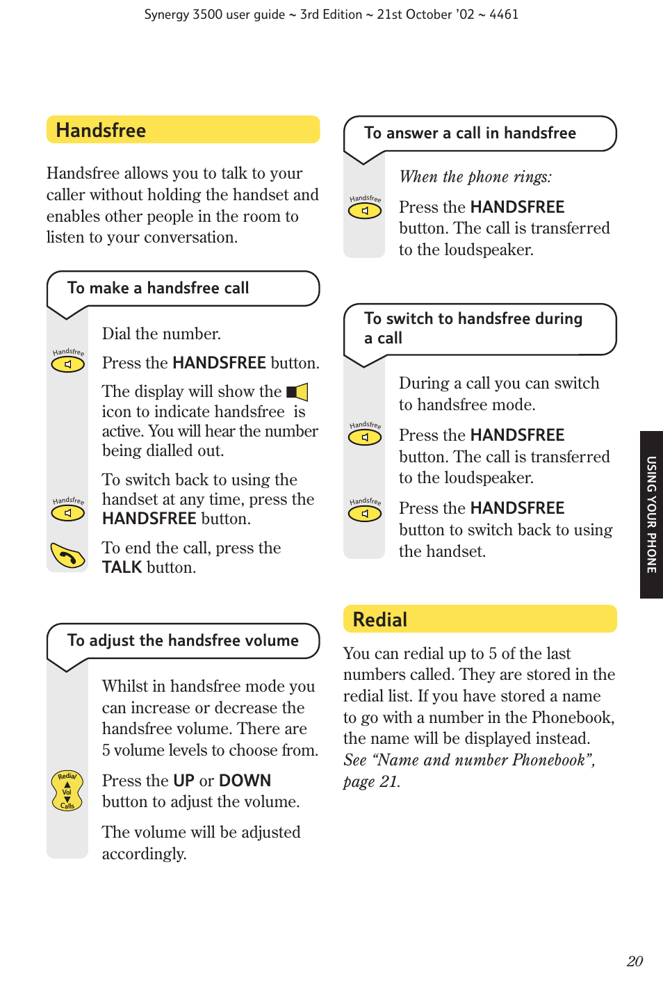 Redial, Handsfree | BT Synergy 3500 User Manual | Page 23 / 70