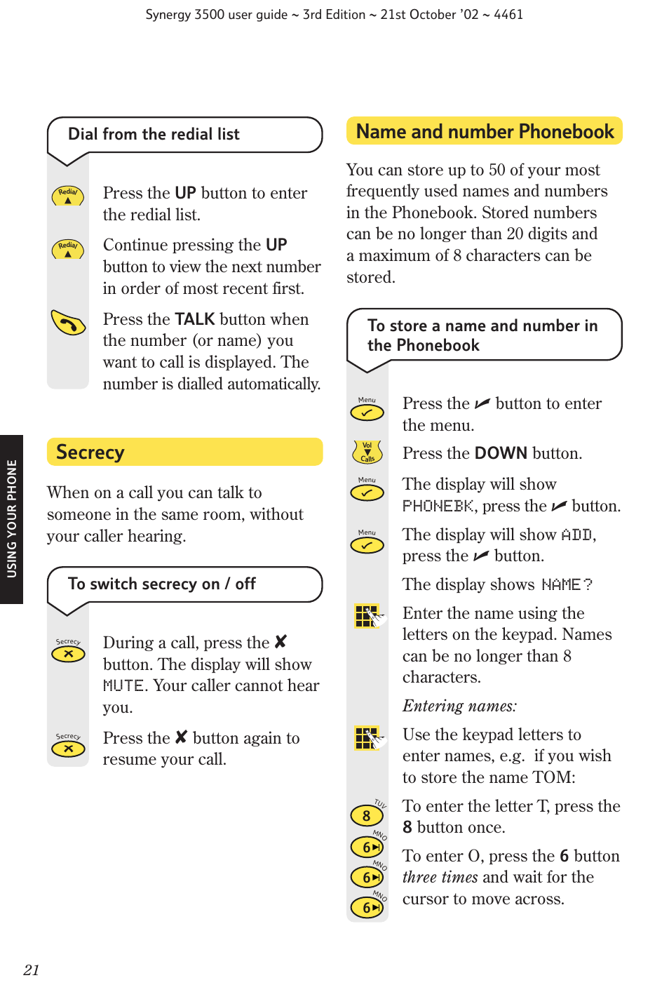 Name and number phonebook, Secrecy, Button again to resume your call | BT Synergy 3500 User Manual | Page 24 / 70