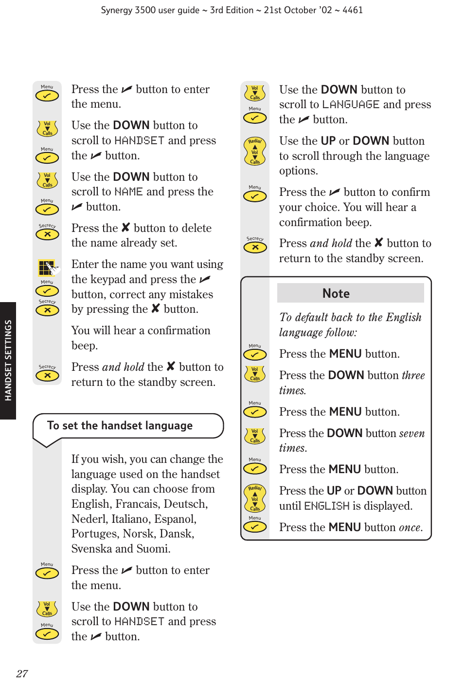 Button to return to the standby screen | BT Synergy 3500 User Manual | Page 30 / 70
