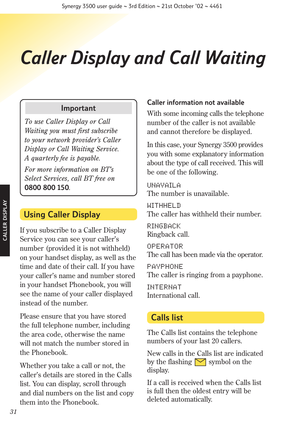 Caller display and call waiting, Using caller display, Calls list | BT Synergy 3500 User Manual | Page 34 / 70