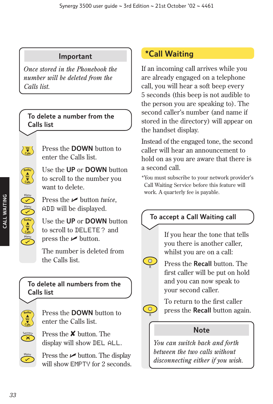 Call waiting, Important | BT Synergy 3500 User Manual | Page 36 / 70