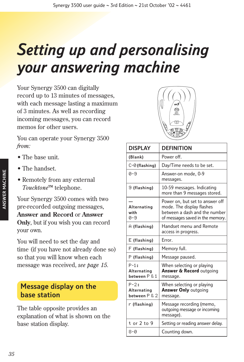 Message display on the base station, Displaydefinition | BT Synergy 3500 User Manual | Page 38 / 70