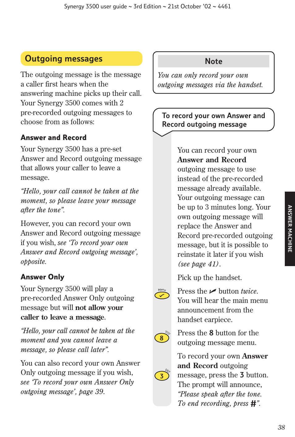 Outgoing messages | BT Synergy 3500 User Manual | Page 41 / 70