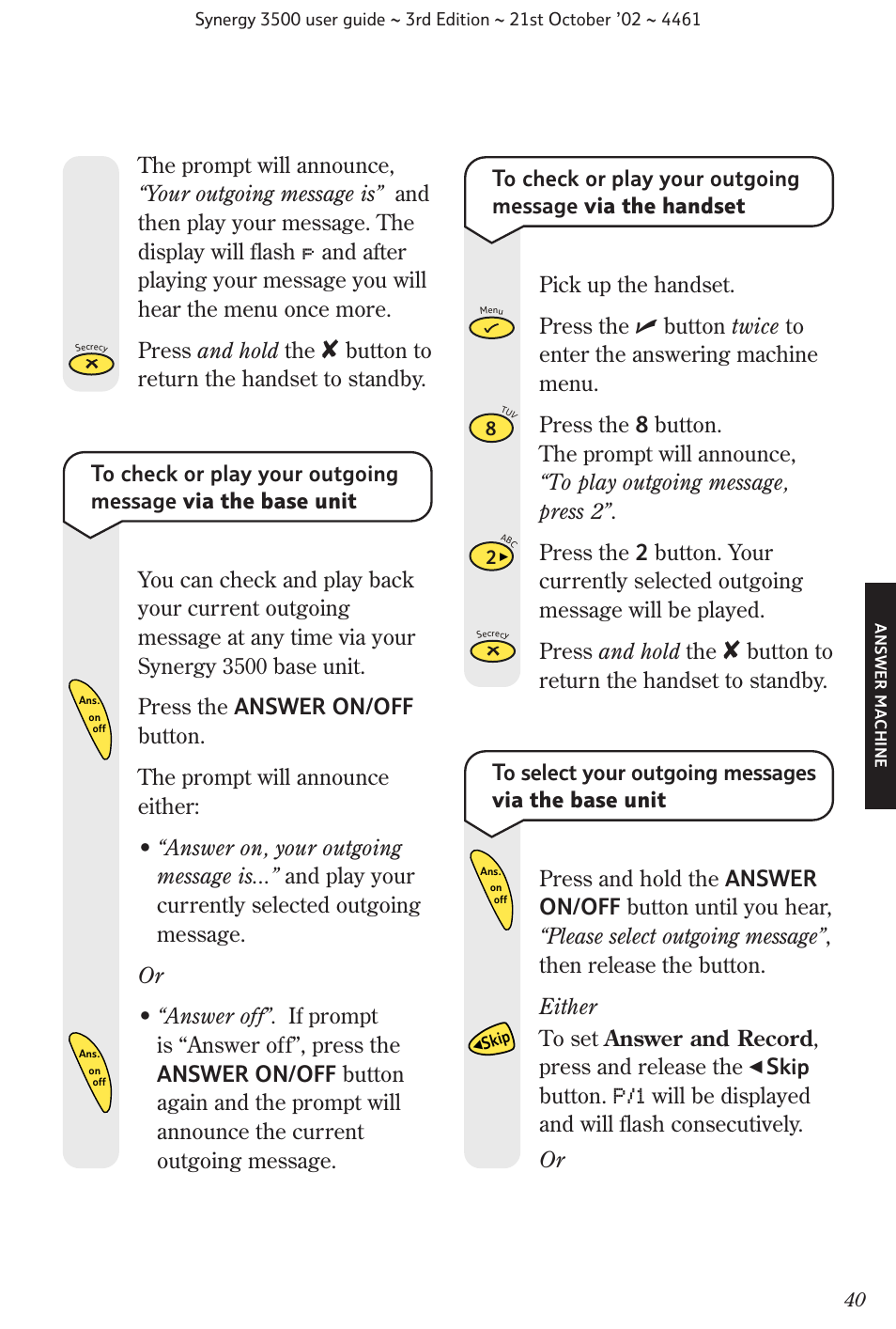 Button to return the handset to standby | BT Synergy 3500 User Manual | Page 43 / 70